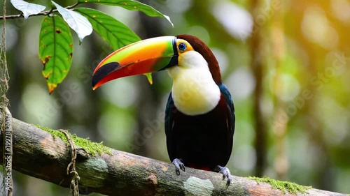 A colorful exotic toucan with a vibrant yellow and orange beak perches on a tropical rainforest tree branch in the wild Brazilian jungle