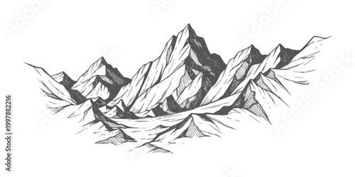 Hand drawn of jagged mountain peaks and valleys mountains monochrome grey