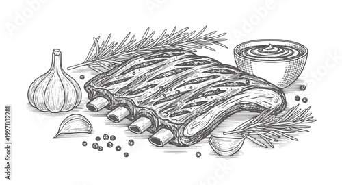 Hand drawn pork ribs with garlic rosemary and sauce