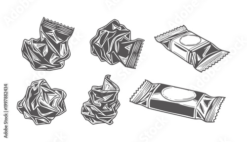 Six crumpled and intact candy wrappers in a linocut style packaging