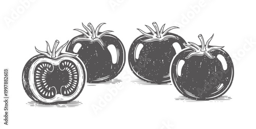 Vintage of ripe tomatoes one cut in half revealing seeds food fruit vegetable