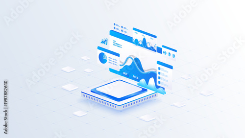 Isometric stock market data analysis with buy and sell financial analytics dashboard, and stock market research concept in blue digital style