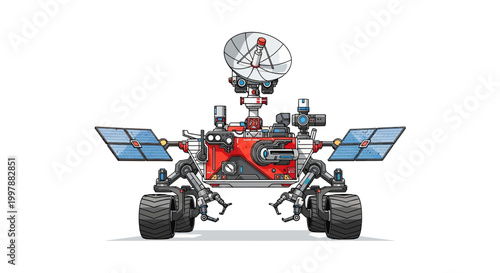 Red robotic rover with satellite dish.