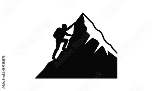 Mountaineers climbing snowy peak with camping tent