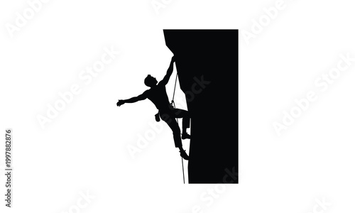 Mountaineer climbing steep rocky peak