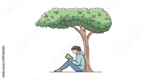Young man reading book sitting outdoors.