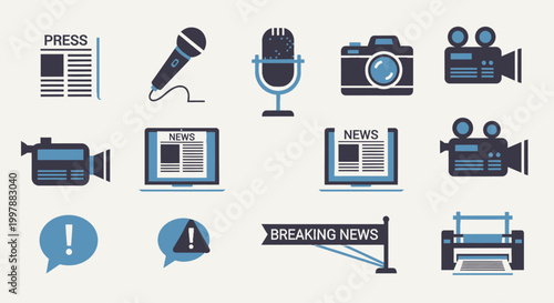 Media icons for journalism and news.