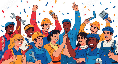 Diverse group of happy construction workers.