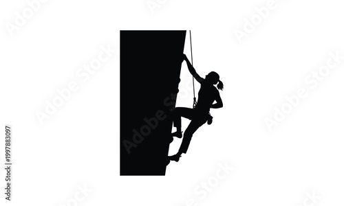 Rock climber ascending steep black cliff