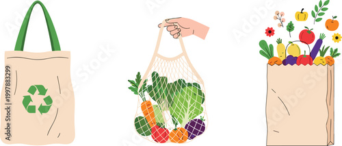 Eco-Friendly Reusable Grocery Bags with Fresh Produce and Recyclable Materials for Sustainable Shopping and Environmental Awareness
