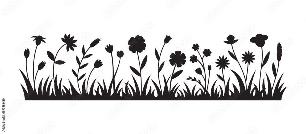 Fototapeta premium Wildflower Grass Silhouette Border Minimal Black Botanical Floral Meadow Nature Background Design