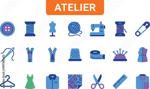 Atelier sewing workshop icon set featuring tailoring tools fabrics clothing design equipment and fashion production elements colorful vector collection