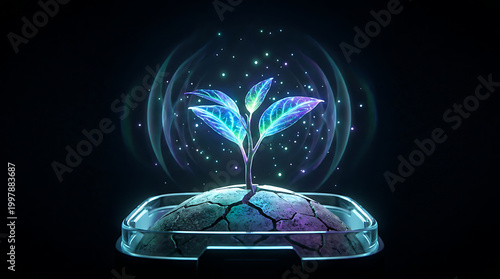Emerging Ecosystem: A luminous sprout emanates energy, symbolizing growth, innovation, and the vibrant genesis of life within a captivating, futuristic display.