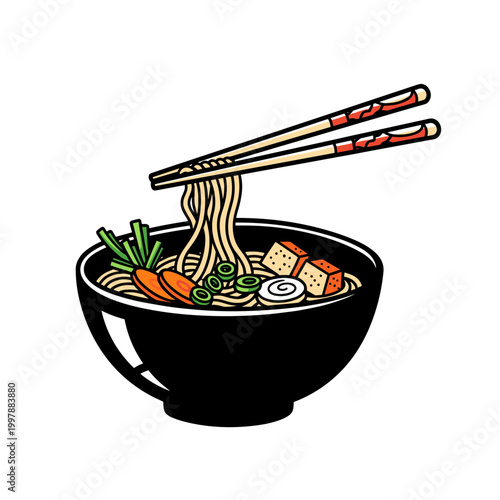 Bowl of noodle soup with chopsticks in bold graphic vector illustration style