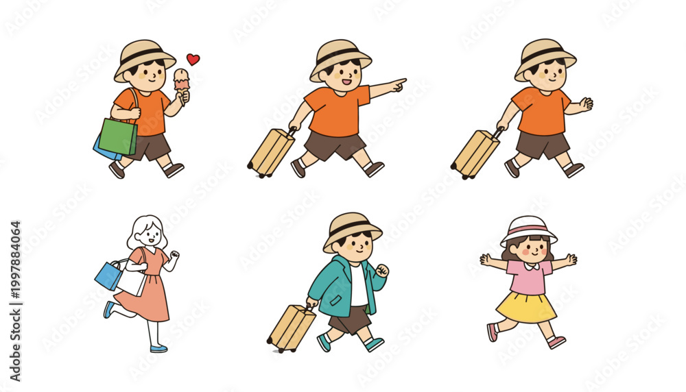 Fototapeta premium Cute Children with Luggage, Ice Cream, and Hats for Travel, Vacation, and Summer Fun Designs [Converted].eps