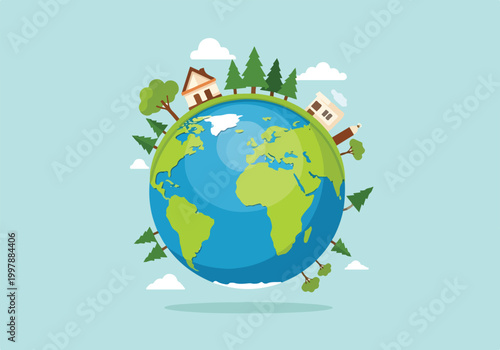 Φωτογραφία A cartoon globe with houses, trees, and clouds