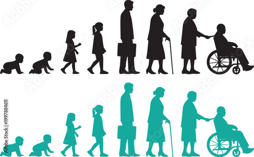 Human life cycle silhouette from infancy to seniority depicting growth and aging