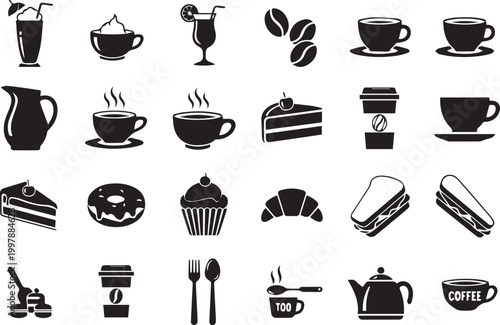 Black silhouette icons of coffee desserts and breakfast items