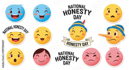 A vector illustration features a collection of diverse cartoon emoticons expressing varied emotions with some wearing Pinocchio hats, set against a white background to promote National