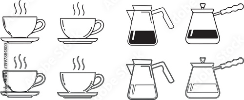 Black and white illustration of coffee and tea vessels