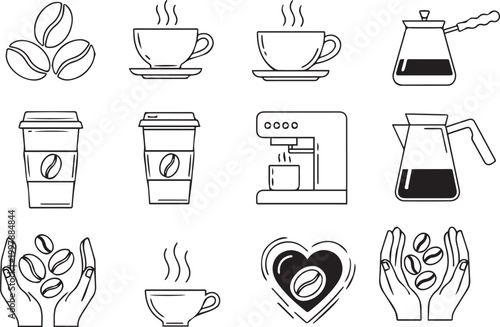 Coffee collection hand drawn icons of brewing methods and coffee beans