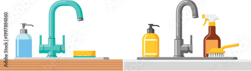 Kitchen Sink and Cleaning Supplies Set with Faucets, Soap Dispensers, and Brushes for Household, Hygiene, and Cleaning Illustration Designs