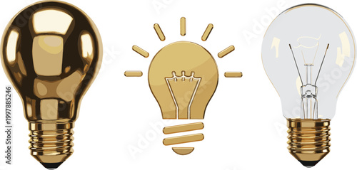 Light Bulb Set with Golden Idea Concept, Classic Glass Lamp, and Illuminated Symbol for Creativity, Innovation, Electricity, and Bright Thinking Illustration