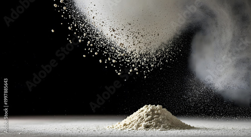 Dynamic Flour Dust Explosion Motion Freeze Against Black Background