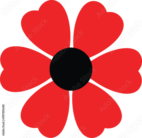 Red poppy flower symbol, remembrance day, war, peace, petal, black center, bloom, flora, grief, honor, veteran, anti-war, memorial, love, salute.