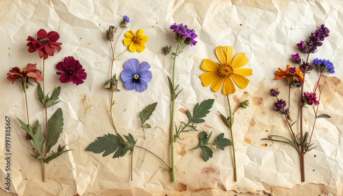 Pressed Wildflowers- High-res scan of dried flowers on aged  pulpy handmade paper.