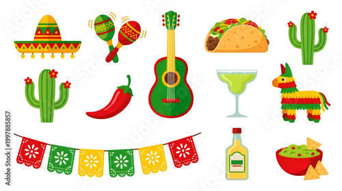 Set of mexican fiesta vector icons with food drinks and accessories, transparent background