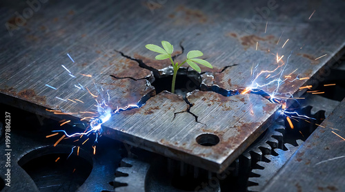 Emerging life: A tenacious plant sprouts through a cracked metal plate, symbolizing growth and resilience in a mechanical, industrial setting. 
