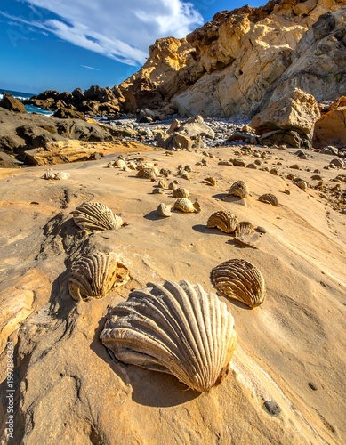 Sunny coastal scene featuring textured rock formations, seashells scattered on the sandy terrain, and a brilliant blue sky