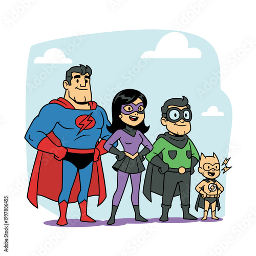 Cartoon superhero family posing confidently against a blue sky background