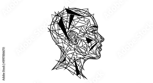 Abstract Geometric Human Head Profile in Fragmented Polygonal Style on Isolated White Background
