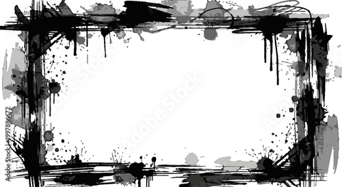 Heavy Grunge Frame with Ink Splatters and Paint Drips Border on Isolated White Background