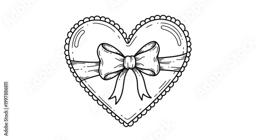 Delicate Heart Shape Outline with Decorative Ribbon and Bow, Symbolizing Love and Affection, Isolated White Background.