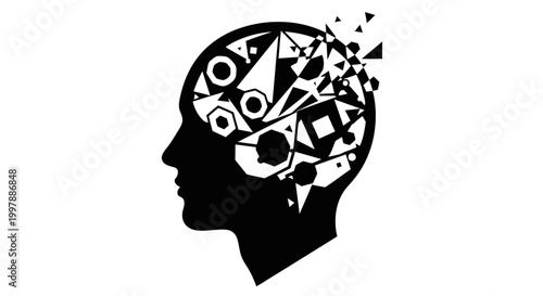 Human Head Silhouette with Exploding Abstract Gears and Geometric Shapes, Concept of Thinking, AI, or Innovation, Isolated White Background.