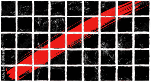 Grungy Black Grid Background with Diagonal Red Slash, Error or Warning Concept, Isolated White Background.
