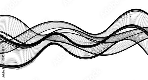 Smooth Wavy Abstract Lines Pattern in Black and Grey, Flowing Design Element, Isolated White Background.