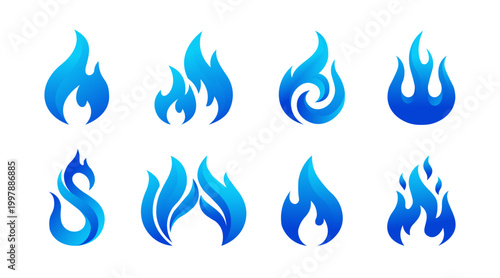 Set of modern blue flame icons, natural gas and clean energy vector symbols with smooth gradients