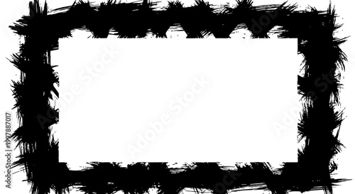 Grungy black brush stroke frame, rectangular and artistic, providing a distressed border for creative designs, isolated on a white background.