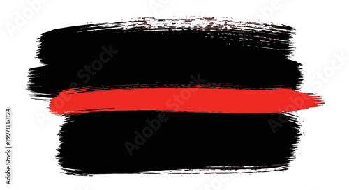 Bold black brush stroke background with a striking red horizontal line, creating a strong contrast and graphic design, isolated on a white background.