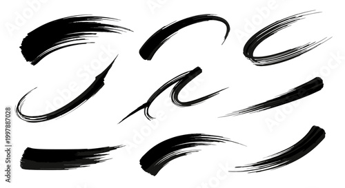 Set of various black calligraphic brush strokes and elegant swashes, showcasing fluid and artistic handwriting, isolated on a white background.