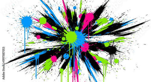 Vibrant and energetic explosion of colorful paint splatters in blue, pink, green, and black, creating an abstract background, isolated on a white background.
