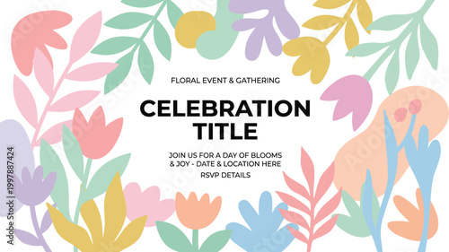 Celebration invitation template features a whimsical floral frame for garden parties and seasonal social gatherings.