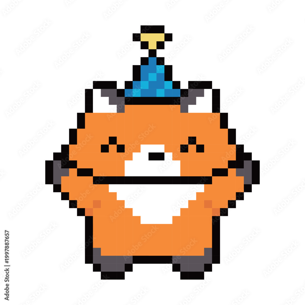 Obraz premium Pixel art cute orange fox with blue party hat illustration