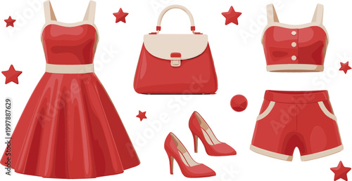 Red fashion outfit vector illustration set with dress, handbag, heels and summer clothes, stylish women clothing collection isolated on white background