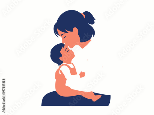 Mother Kissing Child Loving Family Bond Parenting Care Emotional Moment Illustration