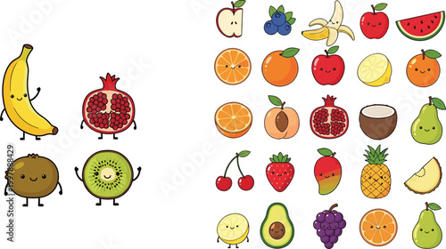 Cute cartoon fruits collection vector illustration with banana kiwi avocado pineapple watermelon and citrus characters colorful healthy food set